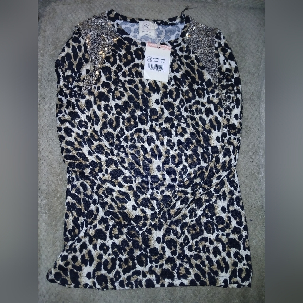 Leopard Print Sequin Shoulder Top.Grace and Emma leopard print 10/12
